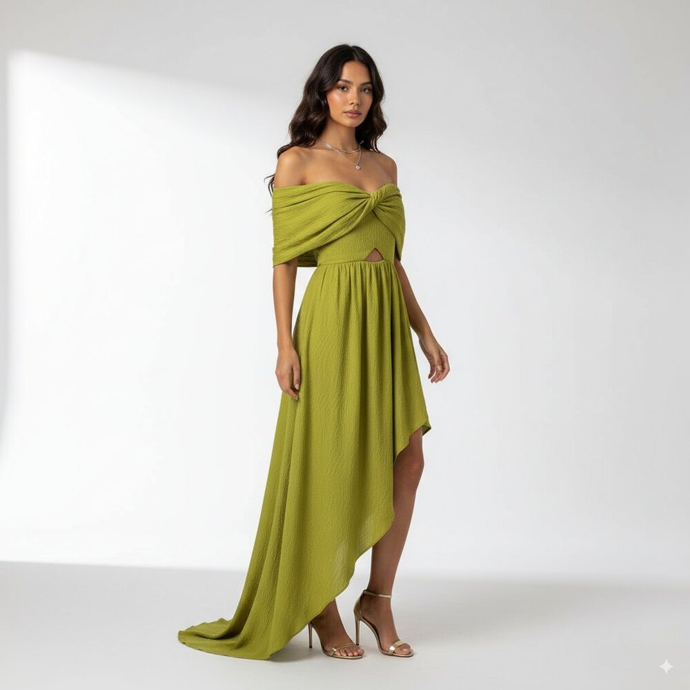 Elegant Olive Green Off-Shoulder Midi Dress
